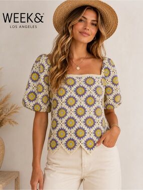Week& Granny Crochet Daisy Floral Puff Sleeve Cropped Top L/XL Cottagecore P
